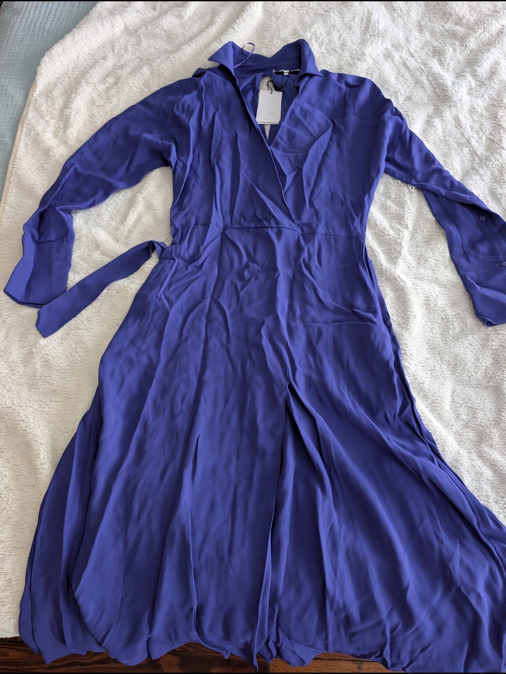 Reiss Violet Wrap-Style Collared  Midi Dress w/ Pockets, Leg Slit, Key Hole Back